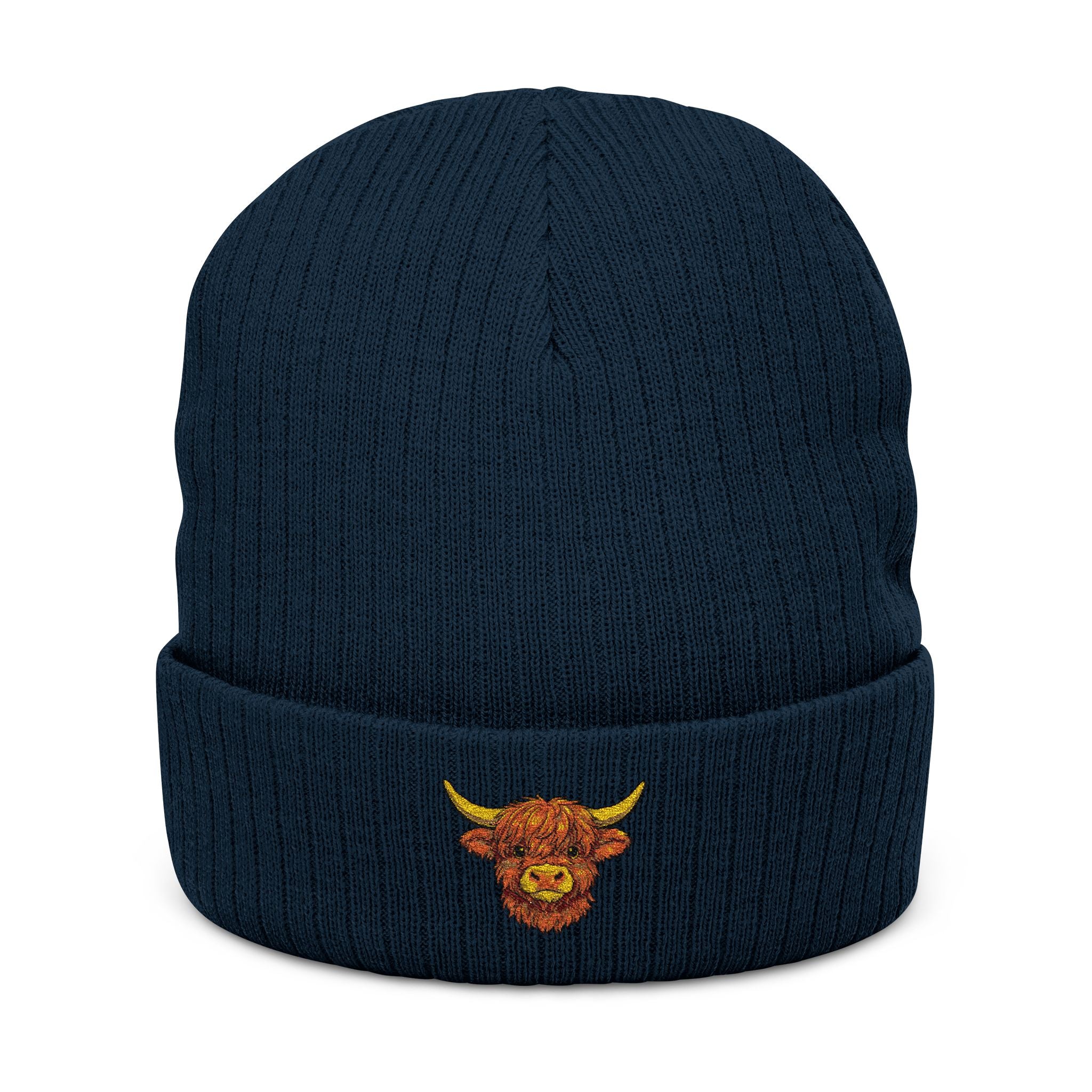 Embroidered Highland Cow Ribbed Knit Beanie — Cozy Farmhouse Winter Hat