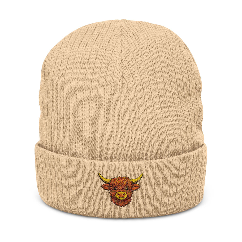 Embroidered Highland Cow Ribbed Knit Beanie — Cozy Farmhouse Winter Hat