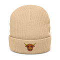 Embroidered Highland Cow Ribbed Knit Beanie — Cozy Farmhouse Winter Hat