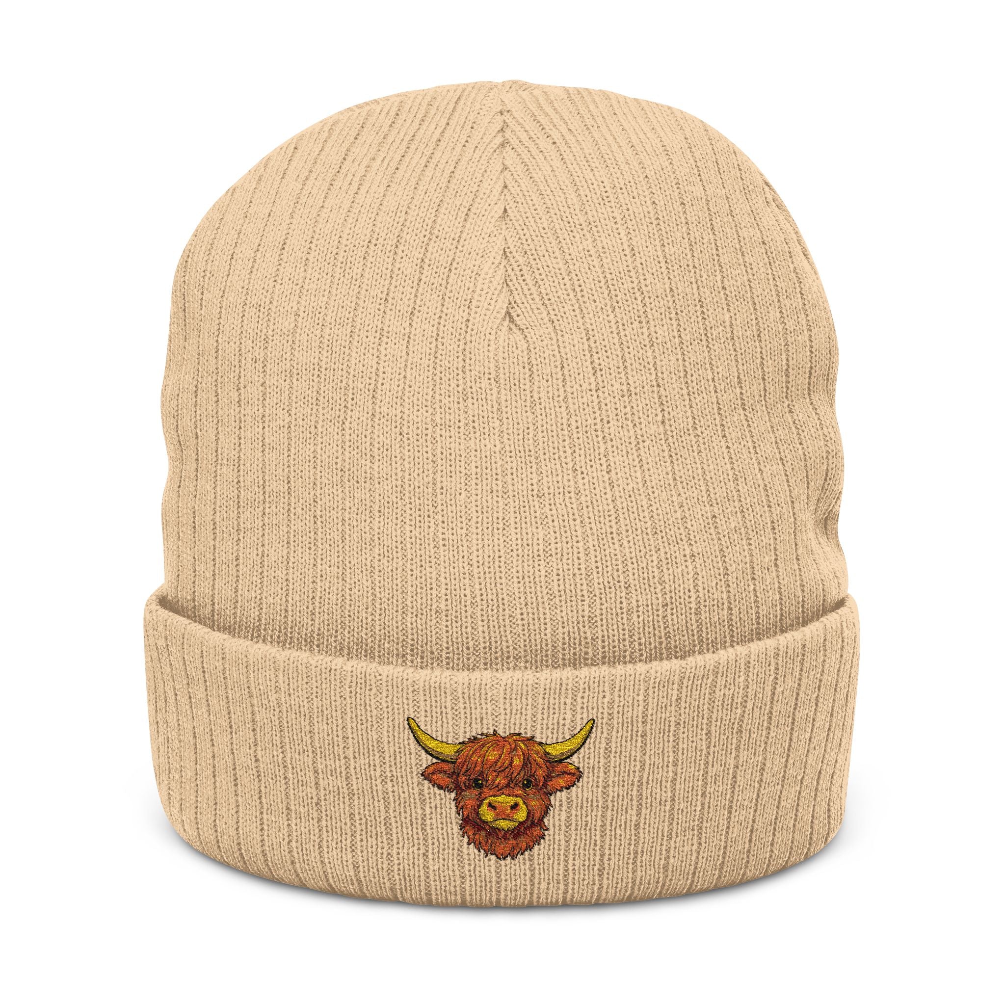 Embroidered Highland Cow Ribbed Knit Beanie — Cozy Farmhouse Winter Hat