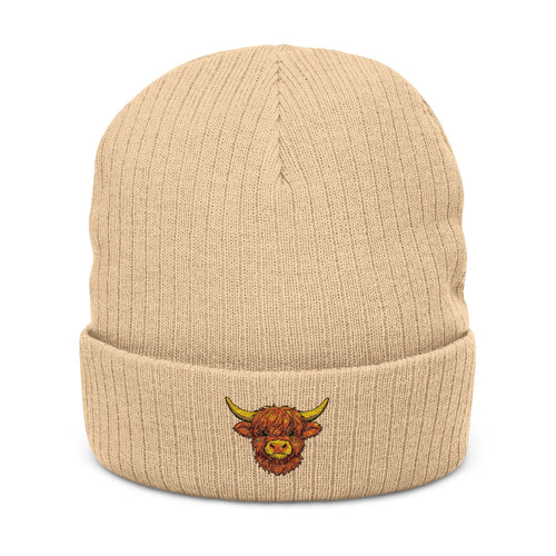 Embroidered Highland Cow Ribbed Knit Beanie — Cozy Farmhouse Winter Hat