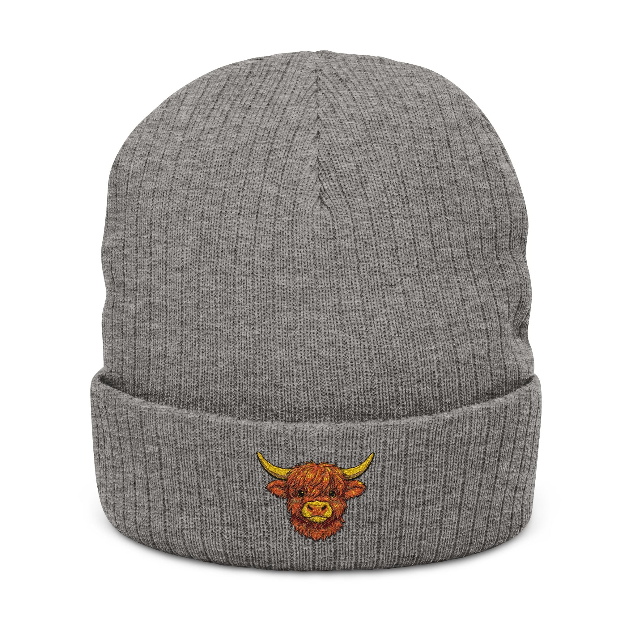 Embroidered Highland Cow Ribbed Knit Beanie — Cozy Farmhouse Winter Hat