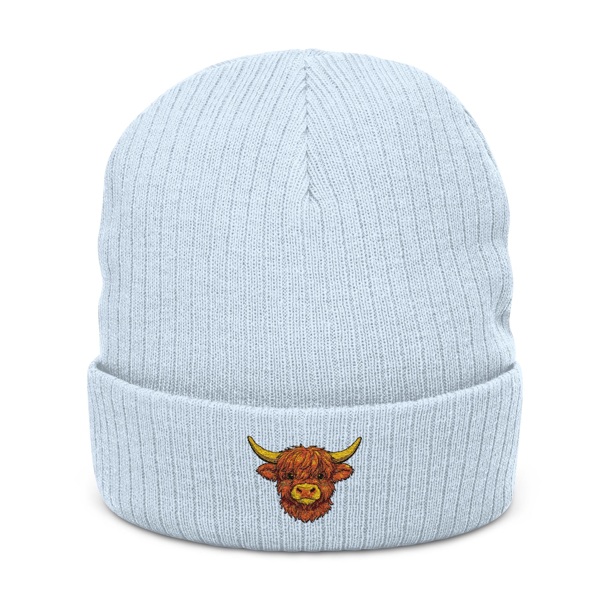 Embroidered Highland Cow Ribbed Knit Beanie — Cozy Farmhouse Winter Hat